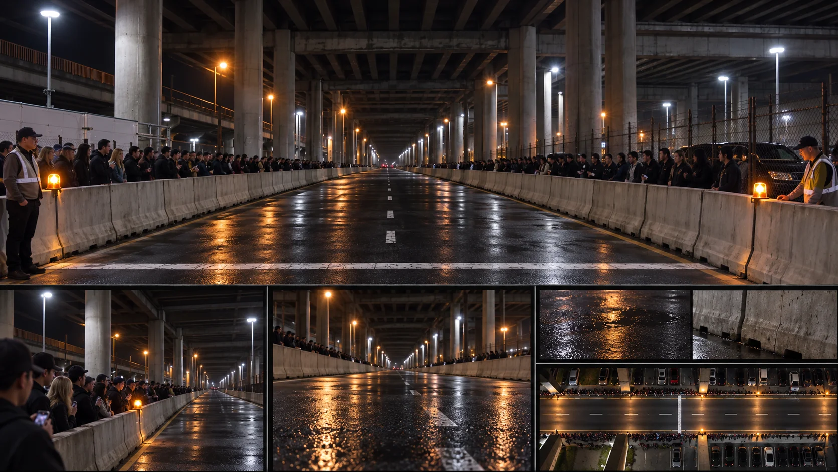 高架终点场景设定板,展示长直赛道、混凝土隔离墩、观众和夜间灯光