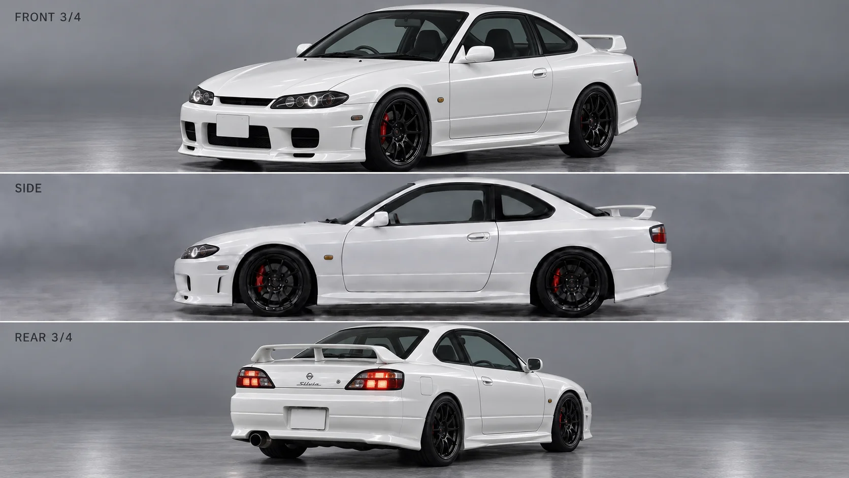 白色 S15 车辆设定板,展示车头、侧面和低弧尾翼